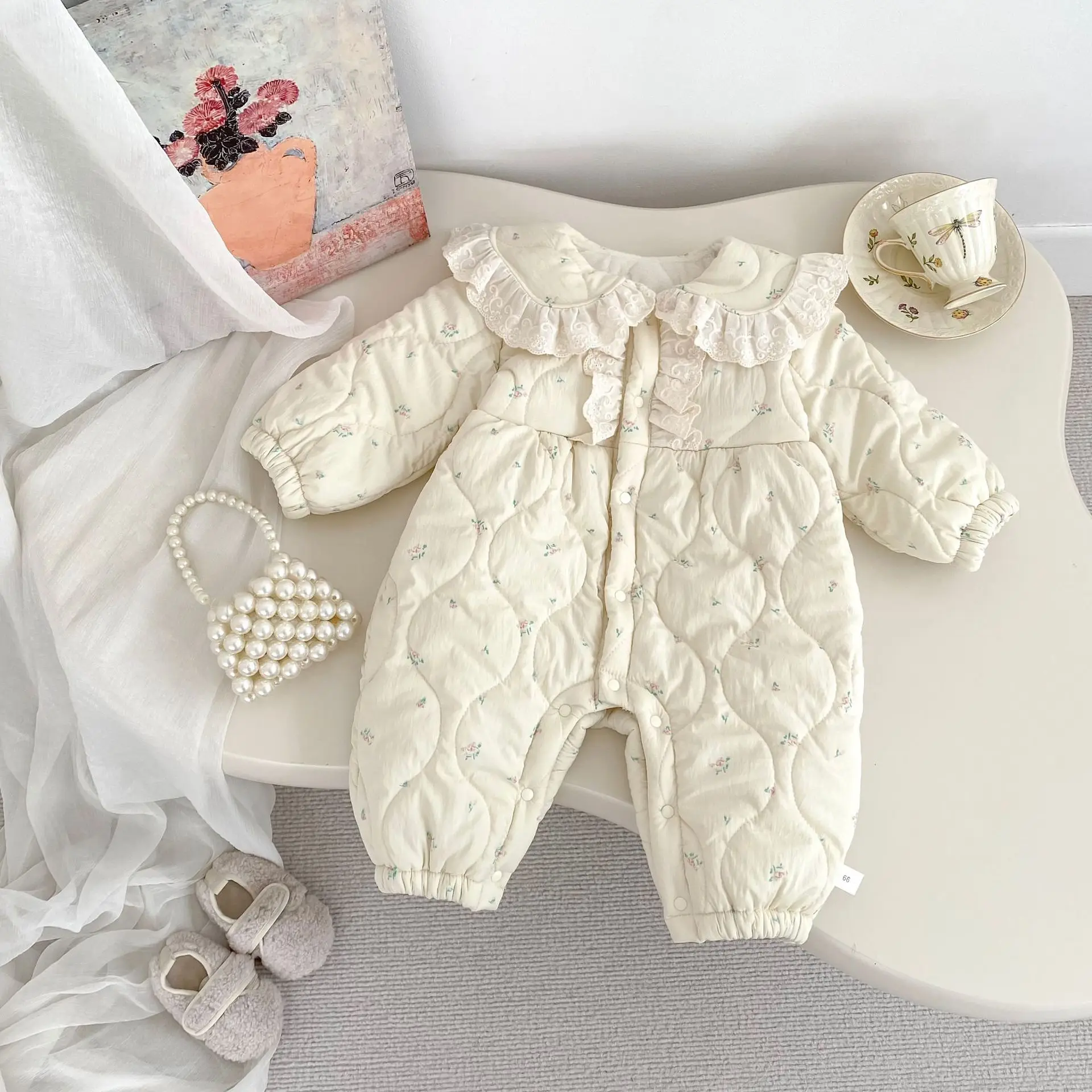 Infant Girl Cute Floral Lapel Jumpsuit Plus Velvet Thick Toddler Warm Clothes 2025 Winter New Baby Long Sleeve Fleece Romper