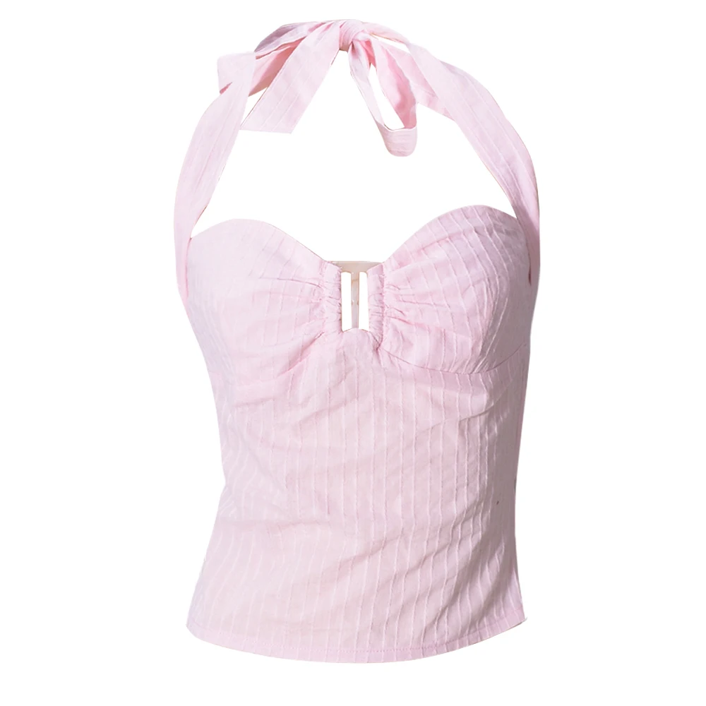 

Women Stripe Lace-Up Tank Tops Halter Crop Backless Top Sexy Chic Ladies Summer Casual Blouse Vest Sleeveless Slim clothing T S