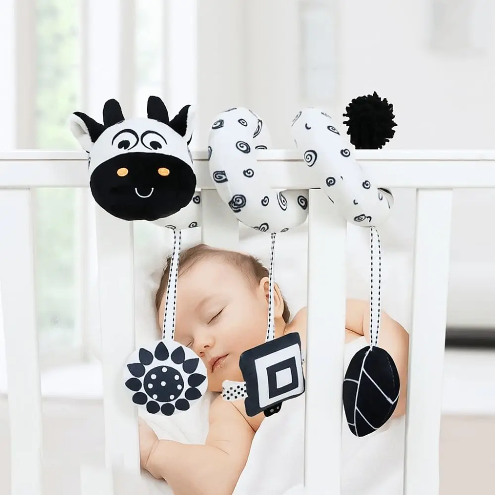 Animal-shaped Baby Stroller Hanging Pendants with Strap Cow Plush Stuffed Sensory Toy Rattle Visual Development