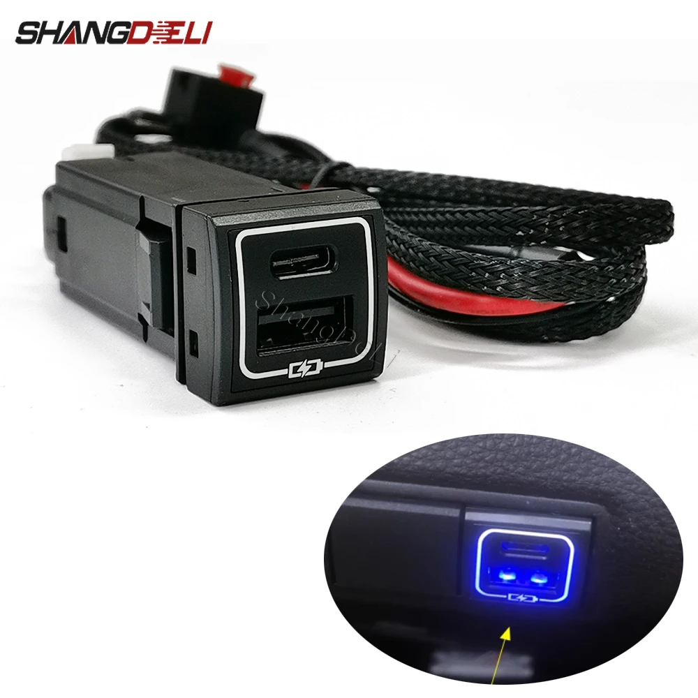 

Car Quick Charger Dual USB PD Ports QC3.0 Phone Charger For Toyota Highlander Land Cruiser Prado 150 Rav4 Camry Corolla 18-22