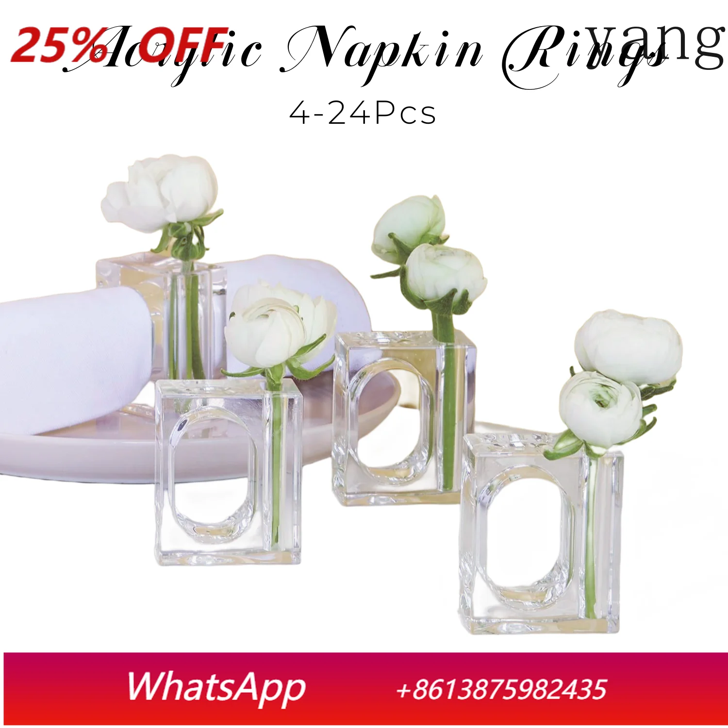 

4-24Pcs Acrylic Napkin Rings Flower Vase Napkin Holders Clear Square Napkin Rings Bulk for Wedding Party Banquet Table Decor