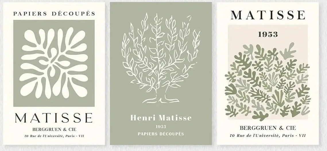 3PCS Matisse Abstract Leaf Canvas Wall Art, Sage Green Cutout Poster Minimalist Home Decor