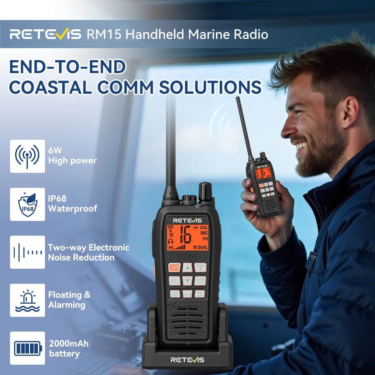 Retevis RM15 IP68-wasserdichtes schwimmfähiges Marinefunkgerät, tragbarer Funktransceiver mit großer Reichweite als Walkie-Talkie für Boots- und Kajakfahrten – Detail 1