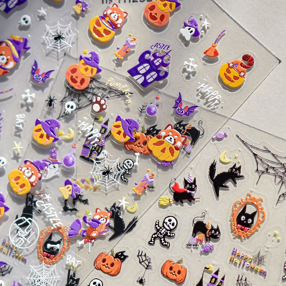 

Halloween Horror Adorable Panda 5D Nail Art Sticker Ghostly Castle Scary Skeletons Witch Broom Spider Web Adhesive Manicure Deca