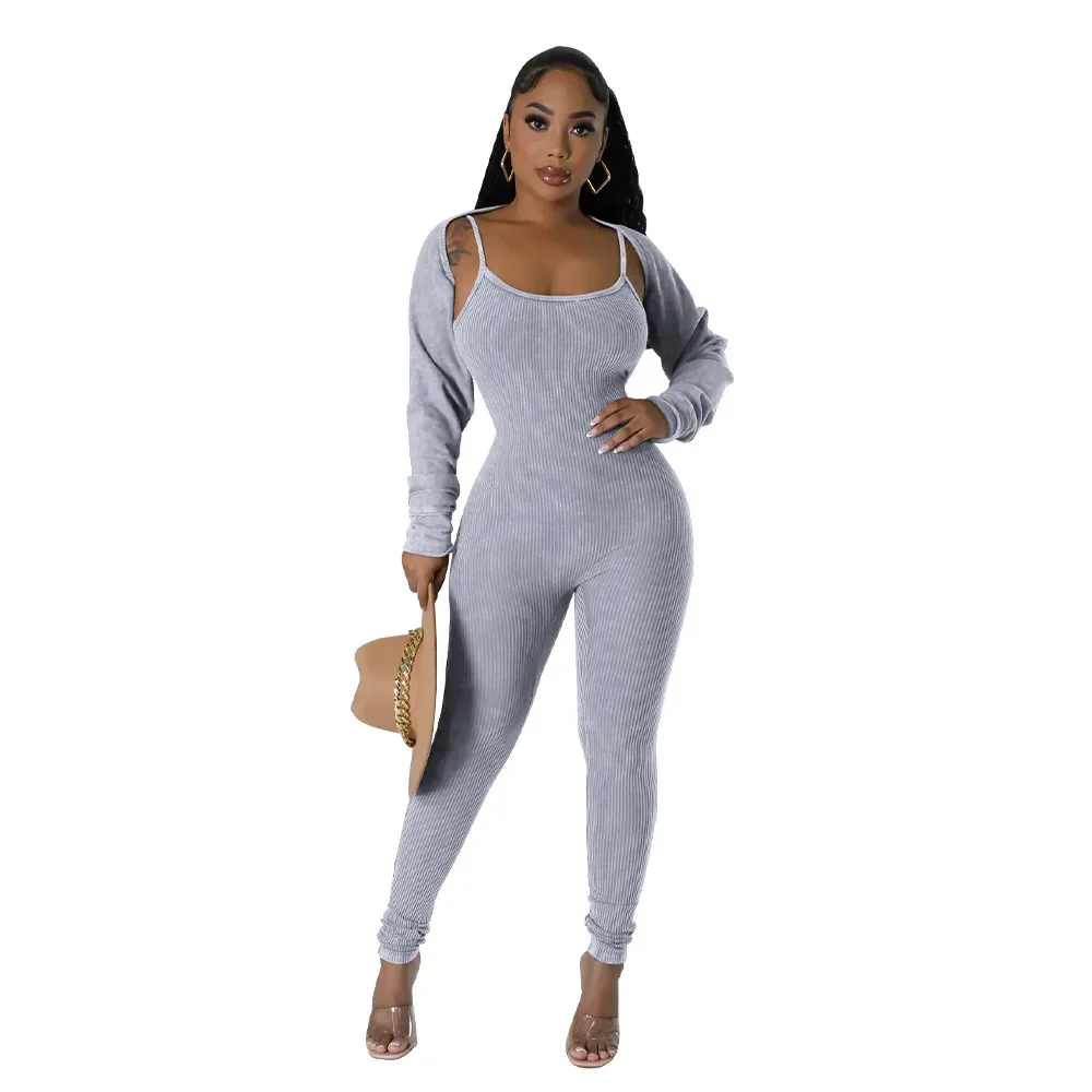 Solid Ribbed 2 Piece Set Women Sexy Spaghetti Straps Backless Skinny Jumpsuits Long Sleeve Open Stitch Coats Top Casual Suits