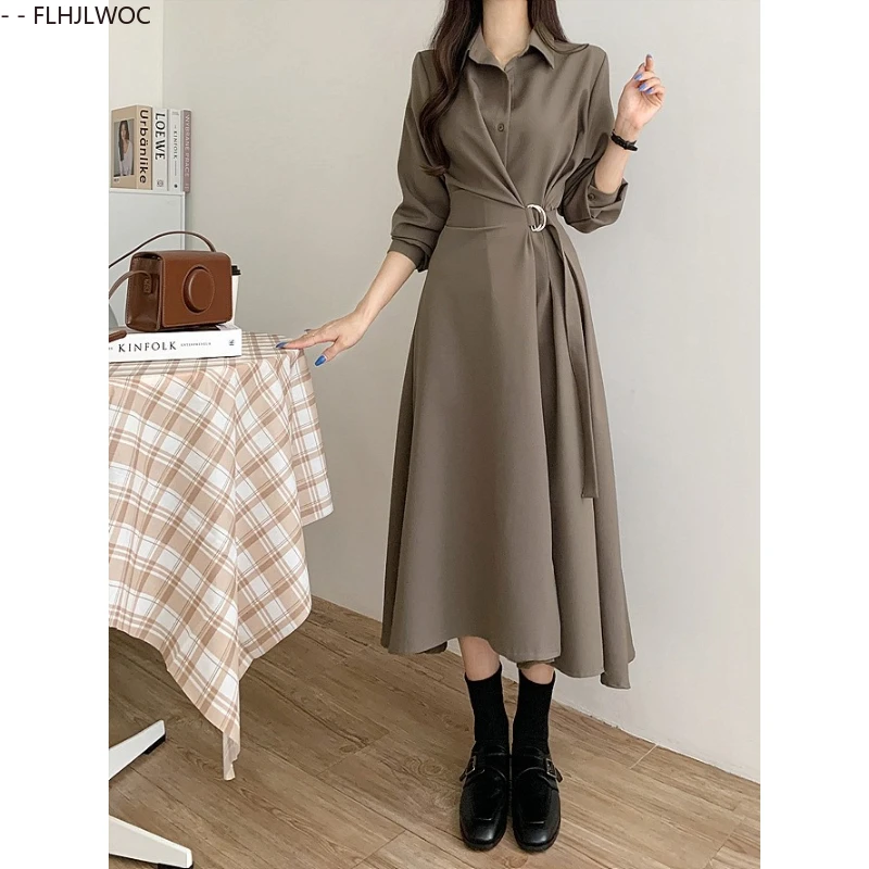 시크한 한국 의류 여성 기질 오피스룩 우아한 기본 무지 빈티지 레이스업 셔츠 드레스 여성스러운 베스티도스