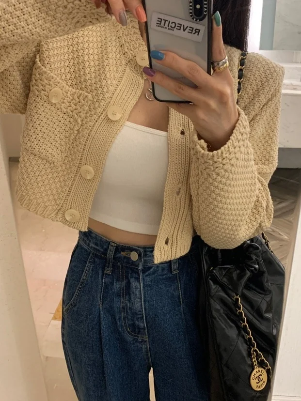 Retro Chic ort Knitted Cardigan Sweater with Double ket Design And round Ne Soft Warm Button up Outerwear for Women