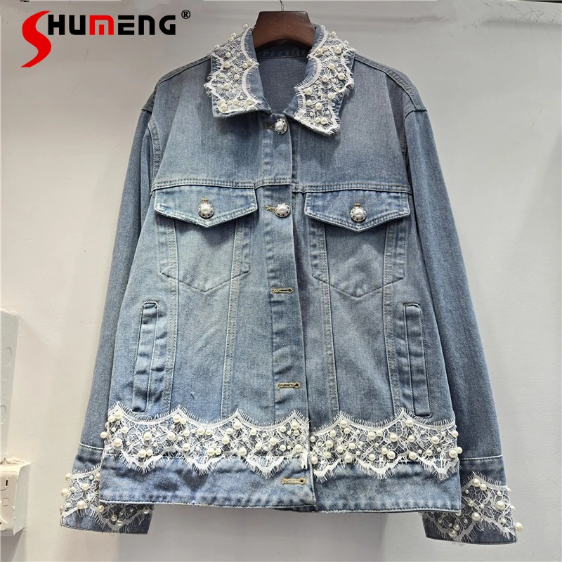 

Fashion Lace Decoration Pocket Decoration Design Denim Jackets Women 2026 Spring New Comfort Tops Ladies Long Sleeve Denim Coats