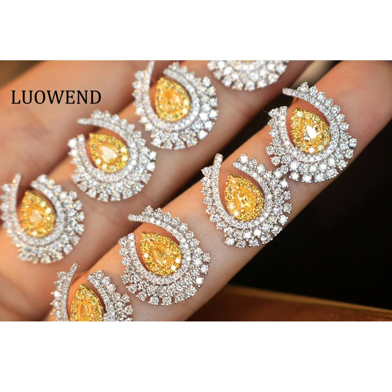 

Серьги LUOWEND из 100% белого золота 18 карат, роскошные, элегантные, с натуральными желтыми бриллиантами, для женщин, высококачественные ювелирные изделия для вечеринок