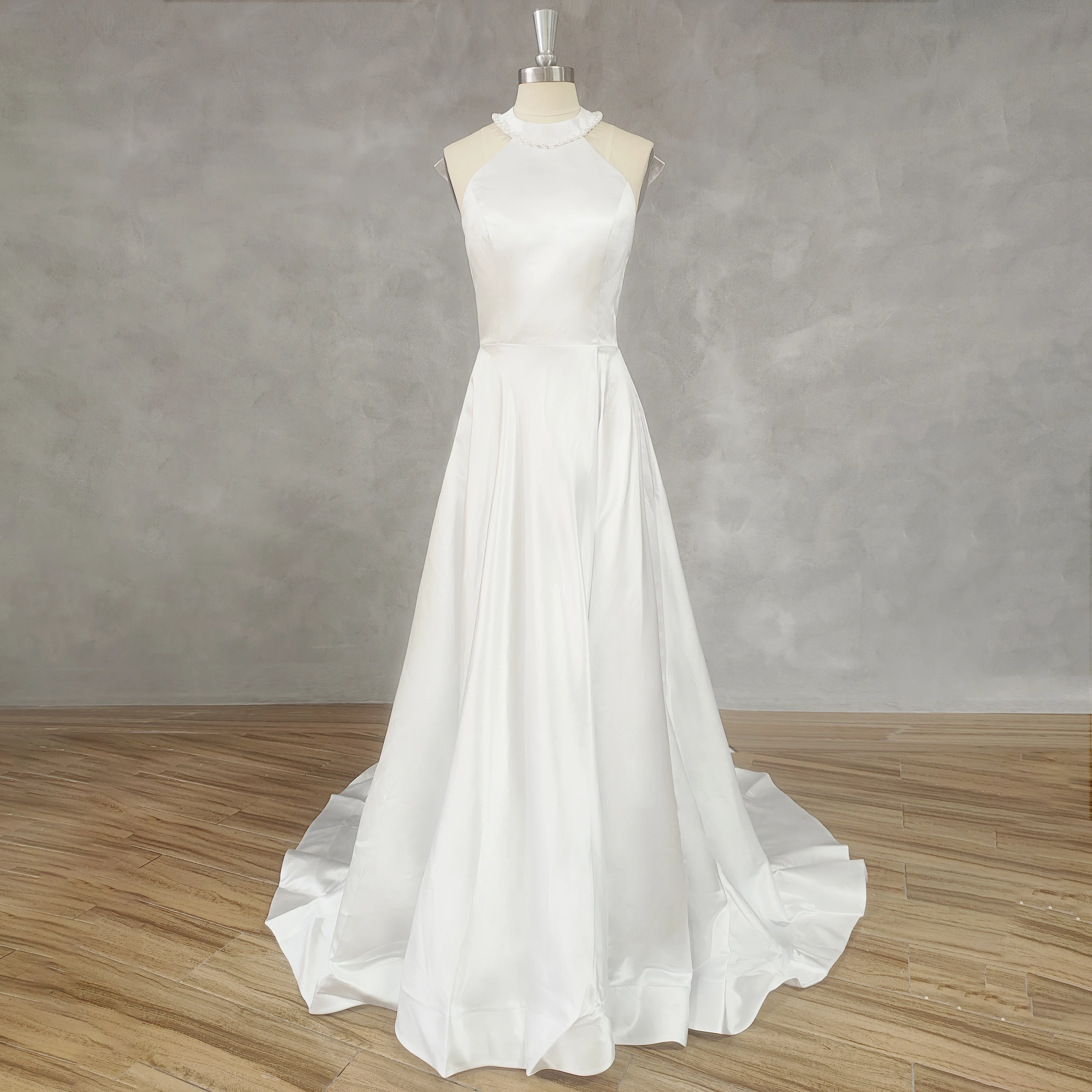 

DIDEYTTAWL Real Photos Simple Halter Bow Sleeveless High Slit Wedding Dress Satin Pearls A-Line Court Train Bridal Gown