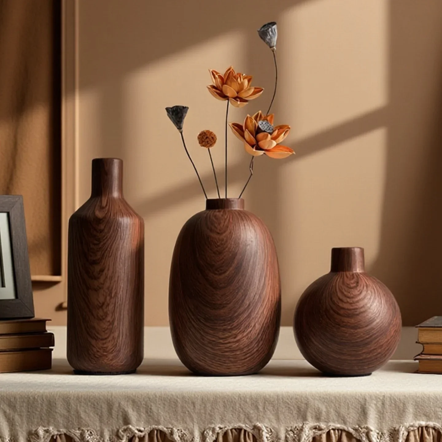 Wood-grain Ceramic Vase Geometric Coffee-colored Small Flowerpot Ceramic Handicraft Flower Arrangement Flowerpot Home Decoration