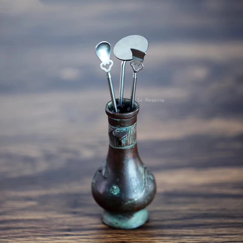 Wierook Lore Gereedschap Metaal Driedelig Zwart Sandelhout en Bamboe Gezamenlijk Handvat Wierook Poeder Gereedschap Lepel en Schop Asdruk