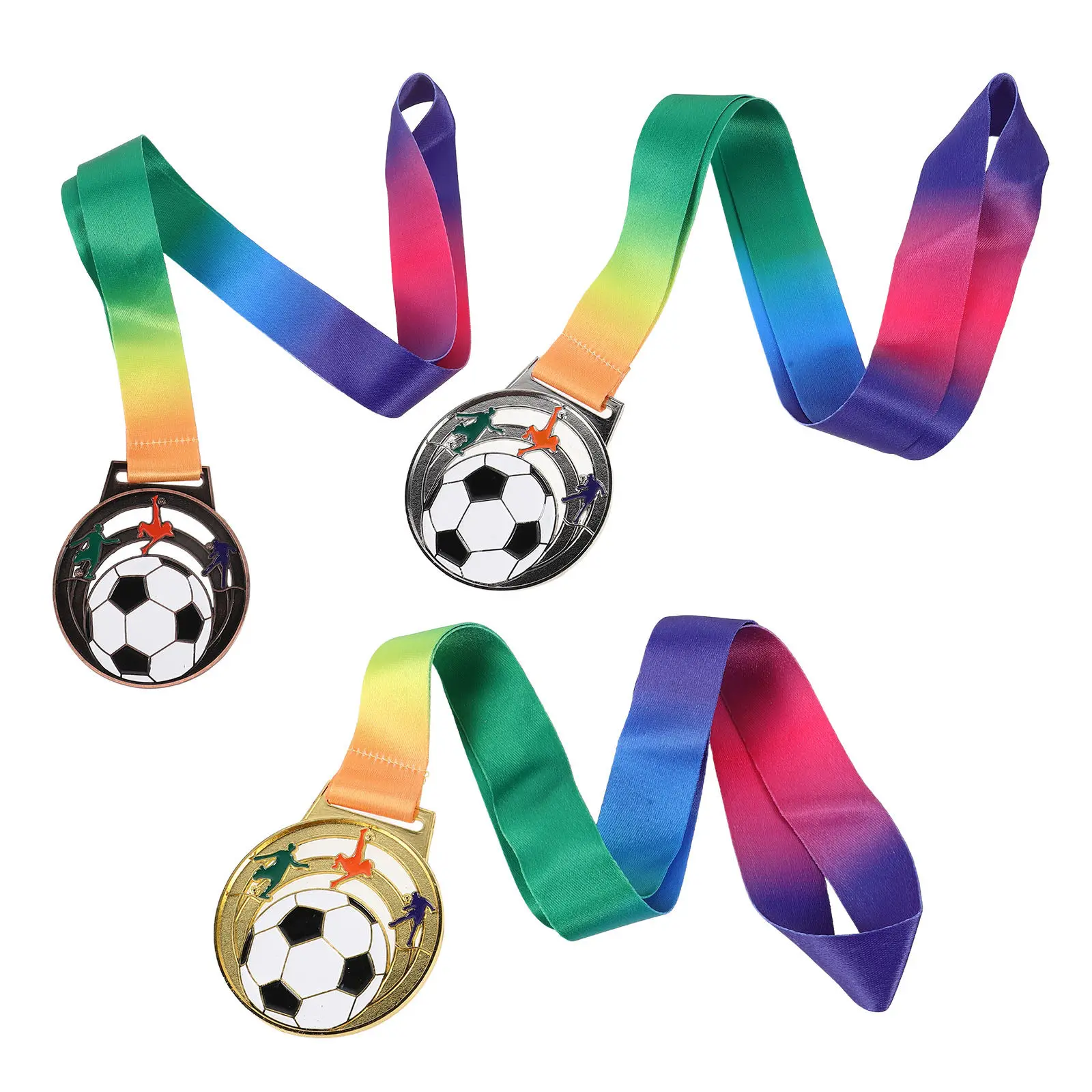 3 Pcs Zinc Alloy Hollow Gold Silver Bronze Medal  Football Award Medal With Neck Ribbon Sports Winner Medal For School Champion
