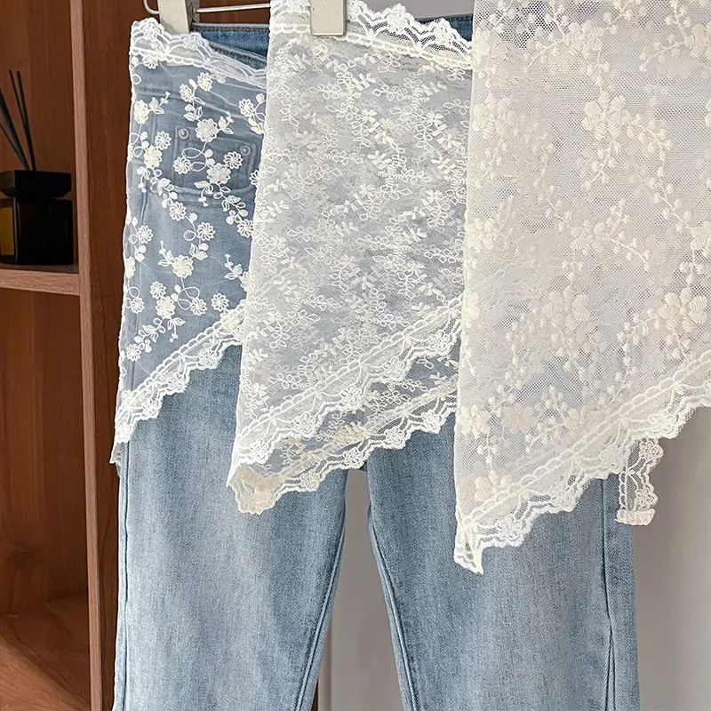Korean White Lace Belt Silk Scarf Female French Retro Advanced Sense Fart Curtain Stacked Through Skirt Curtain Fart Curtain