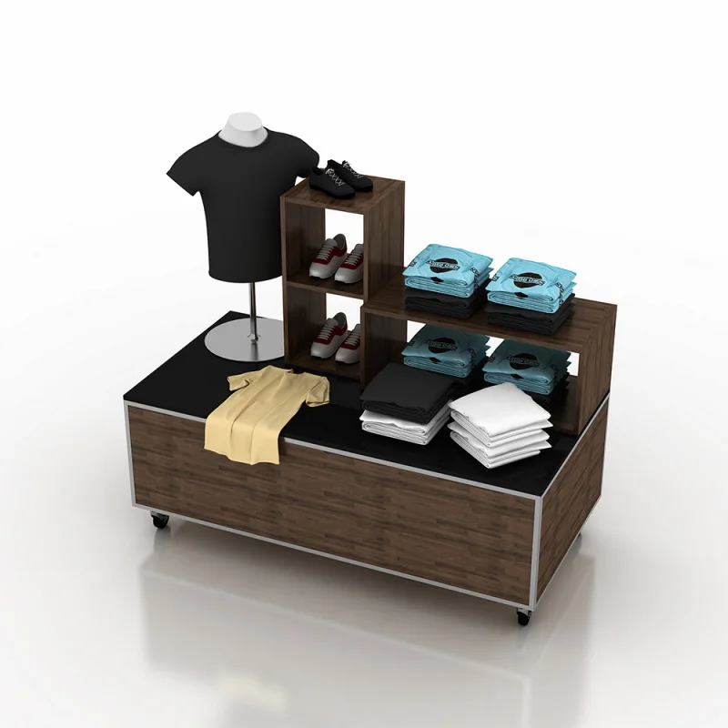 custom.New Clothes Shop Racking Display Fixtures Design Wood Stacked Floor Shelves Retail Store Clothing