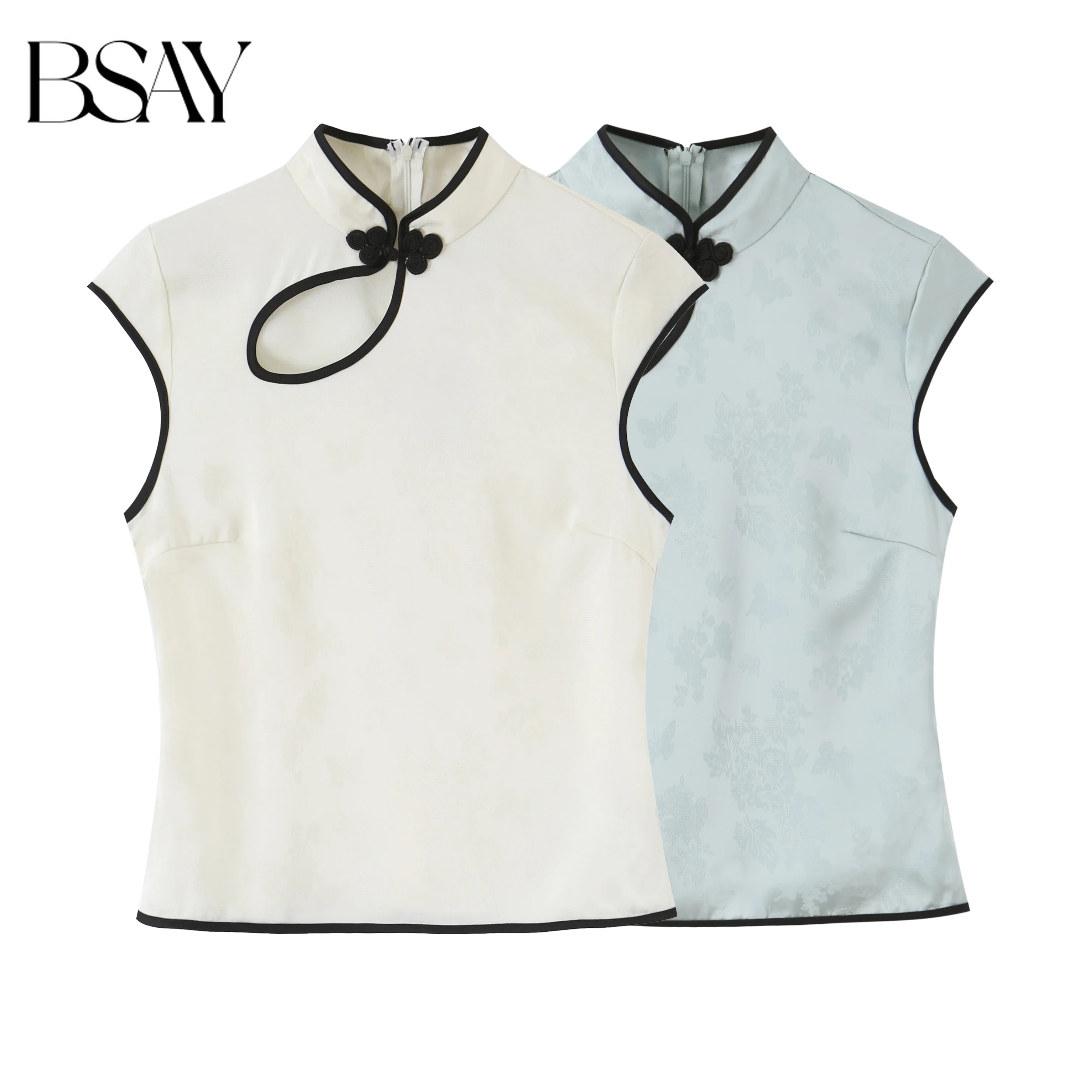 BSAY New Summer Elegant Jacquard Satin Qipao Top For Women Sleeveless Mandarin Collar Frog Buttons Slim Elegant Cheongsam Blouse