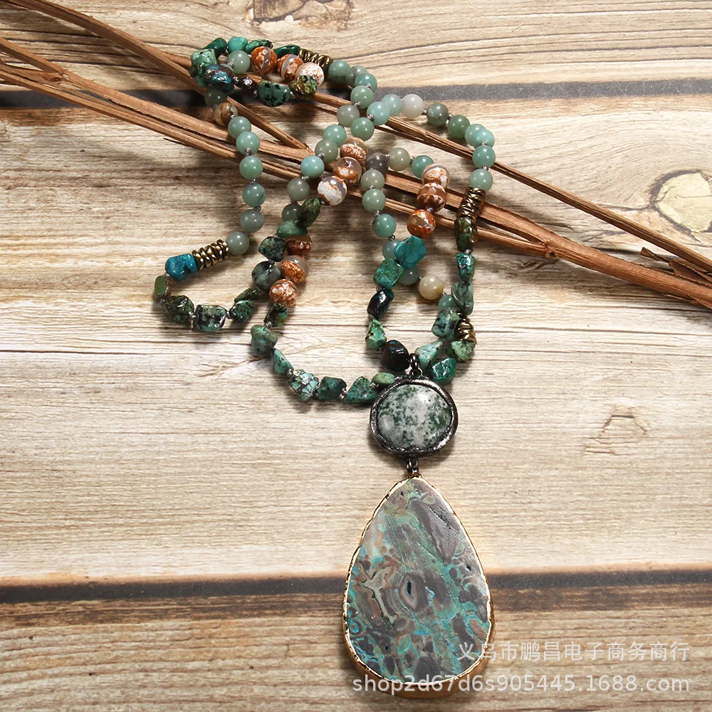 

Богемный ветер, натуральный камень, гравий, завязанное ожерелье, африканская сосна, квадратная подвеска в виде капли воды, ожерелье, цепочка для свитера