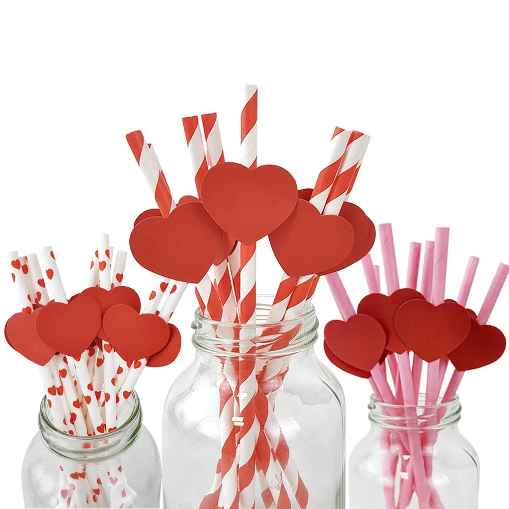 10/20/30/40/50pcs Red Love Heart Pattern Disposable Paper Straws Girls Valentine's Day Theme Party Wedding Decor Supplies Gifts