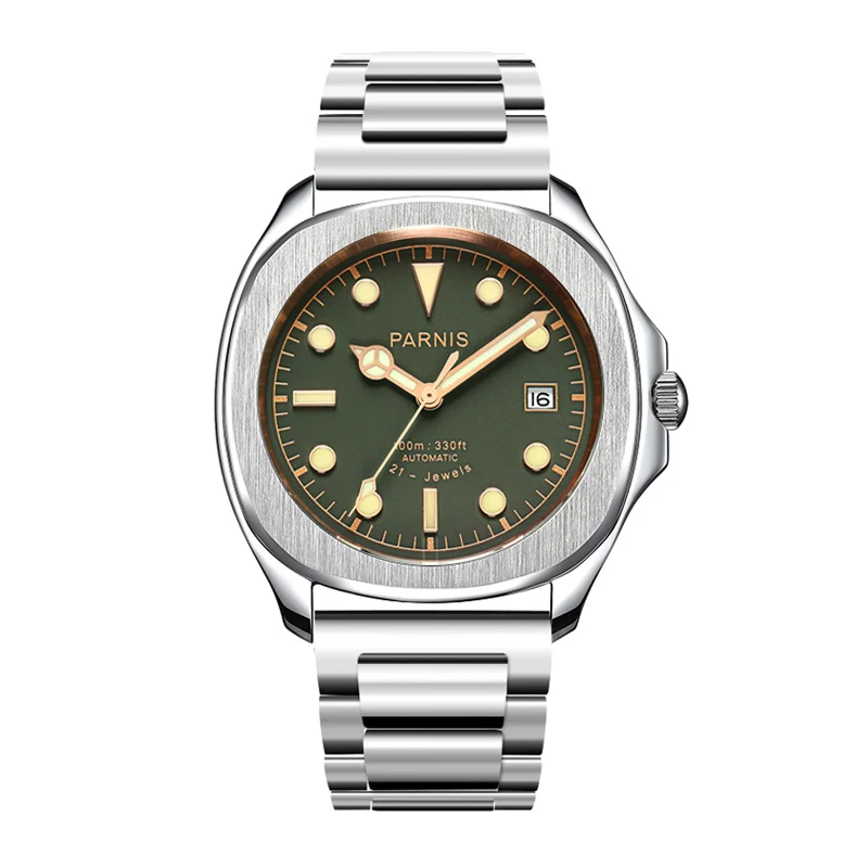 New Parnis 40mm Green Dial Automatic Mechanical Men Watch Calendar Sapphire Luxury Stainless Steel Man Watches reloj hombre 2023