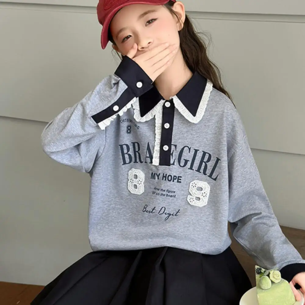 

Kawaii Girl Fashion Lapel Sweatshirt Student Spring and Autumn Cartoon Casual Sports Shirt T-Shirt Tops Children's Clothing New
