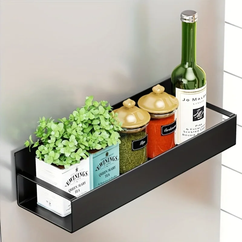 

Magnetic Fridge Shelf Spice Storage Rack Black Iron Space Saving for Cabinet on The Side of Refrigerator Kitchen Organizer Shelf