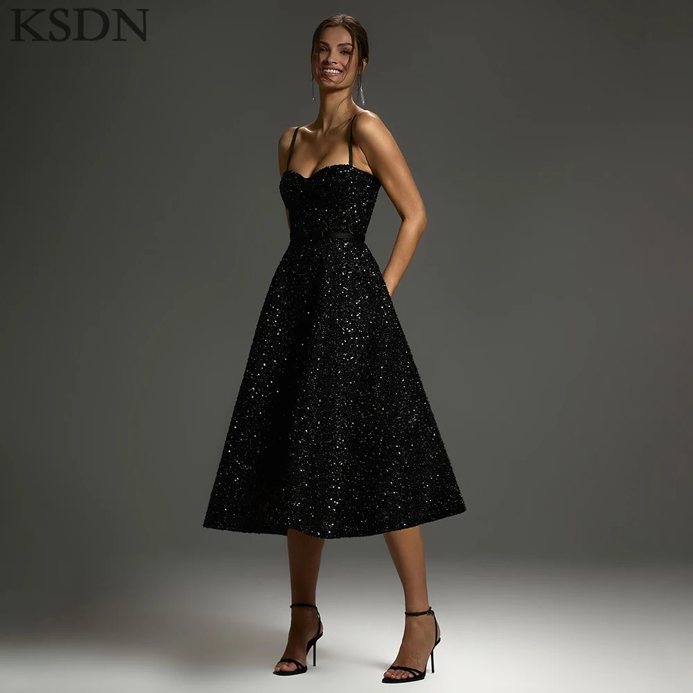 

KSDN Sparkly Evening Dresses Customized Black Sparkly Sleeveless Spaghetti Strap A-Line Gowns Tea-Length Long Dress Vestidos