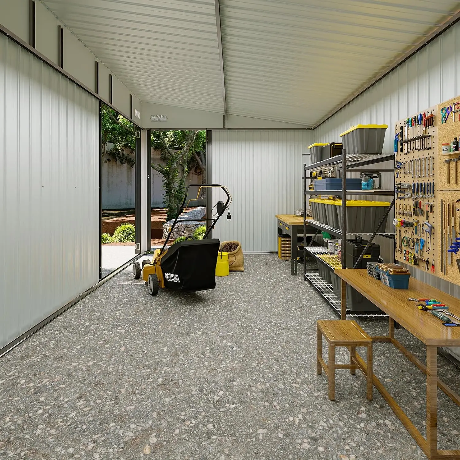 8'x12' Outdoor Lean-to Shed Triple Door Galvanized Steel Tool Storage Sloped Roof Mower Bike Garden Customized