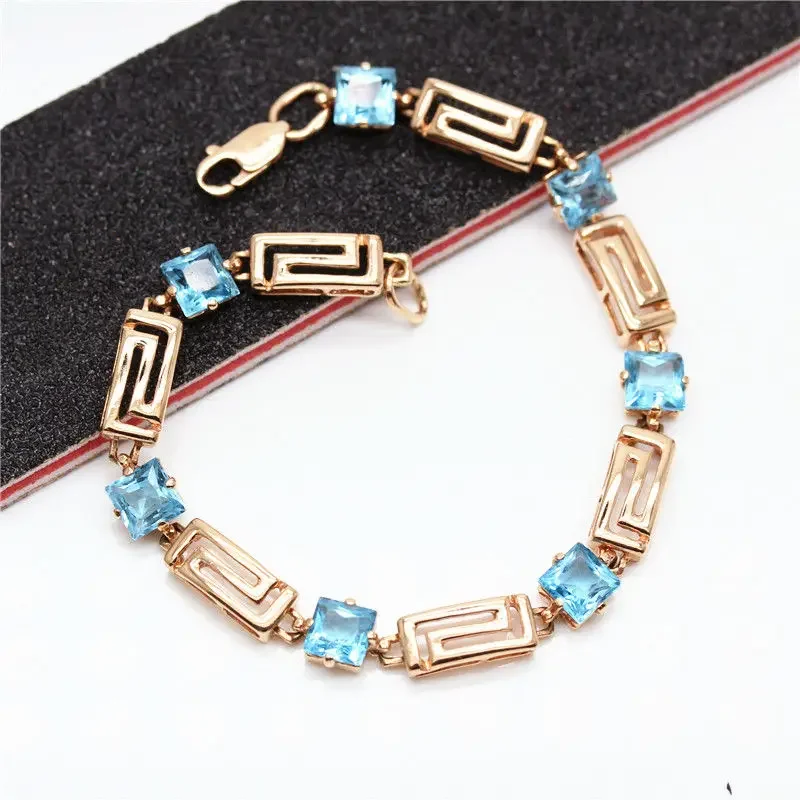 Original 585 Purple Gold Bracelet for Women Plated 14K Rose Gold Inlaid Blue Gem Square Fashion Bangles Charm Jewelry