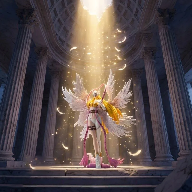 Anime Style Blonde Hair Angel Figure PVC White Wing Beauty Statue with Pink Ribbon