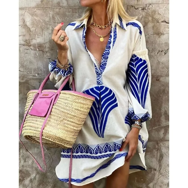 

Women's New Spring and Summer Fashion Long Shirt Loose Vacation Color Blocking Temperament Split Blouse Women