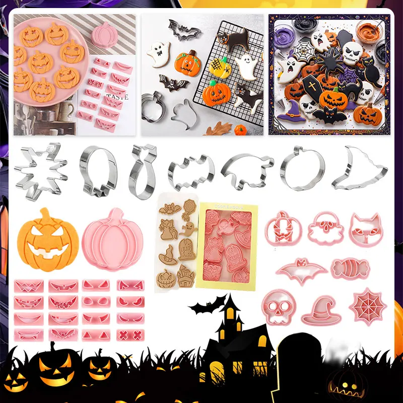 New Halloween Cookie Molds Set Stainless Steel Biscuit Cutters Plastic Stamps for Baking Spooky Shapes Fondant DIY Baking Tools