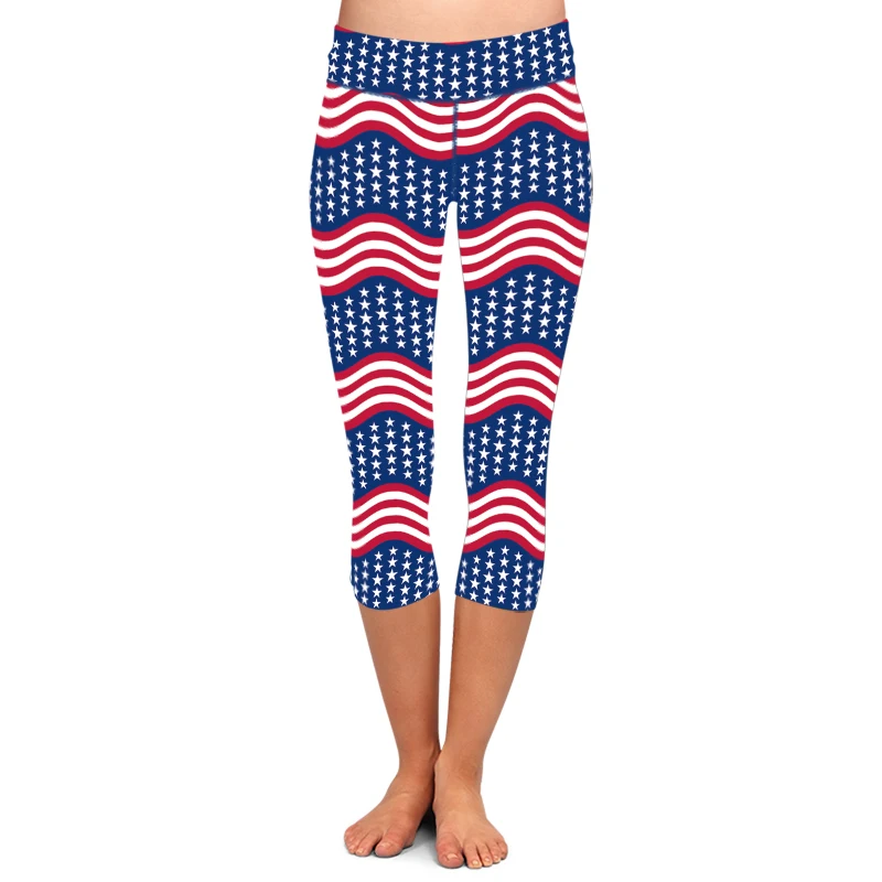 LETSFIND-Leggings de cintura alta con estampado de bandera americana para mujer, pantalones Capri elásticos de Fitness a media pantorrilla, 3/4