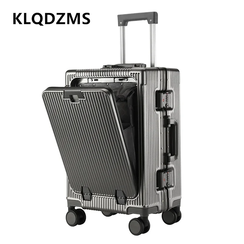 KLQDZMS Suitcase High Quality 20 Inch Front Opening Laptop Boarding Case 24" Aluminum Frame Trolley Case USB Charging Luggage