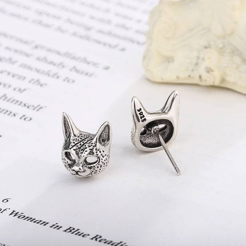 New Fashion Hairless Cat Retro 925 Sterling Silver Jewelry Thai Silver Creative Beautiful Animal Stud Earrings TYB141