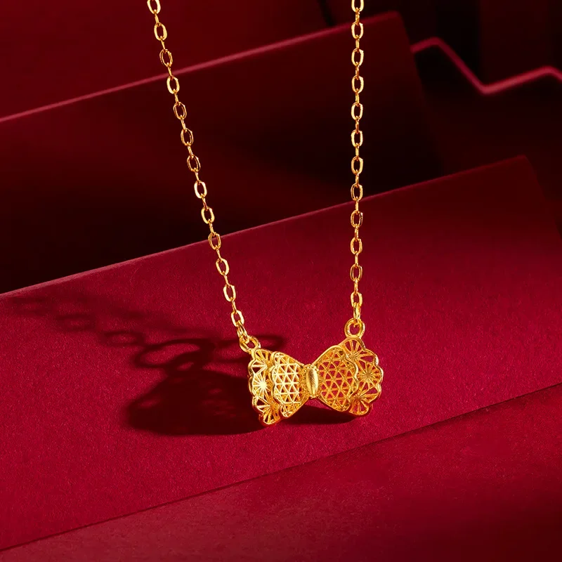 9999 Real Gold 24K Fashion Bow Necklace Female Gentle Cute Bow Set Chain