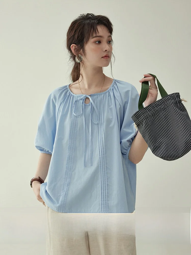

AMUU Original Tie Waist Bubble Sleeve Loose Short Sleeve Shirt Women's Summer Slimming Top Cotton Modal Korean Style Commute