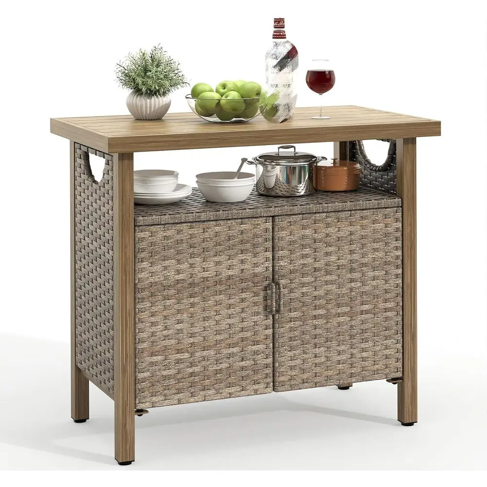 Outdoor Storage Cabinet, Patio Bar Table with Two Drawers and Shelves, Weatherproof Wicker Storage Ottoman or Outdoor Cushions,