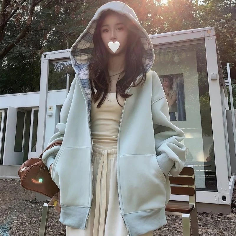 Women's 2026 Korean Style Checkered Spliced Loose Fit Zipper Coat Thick Hooded Long Sleeve Sweatshirt Autumn Winter Chic