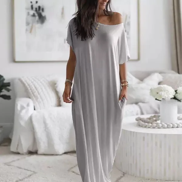 Women\'s Home Long Dress Summer Sexy One Shoulder Bat Sleeve Dress Casual Women\'s Solid Color Short Sleeve Long Dress