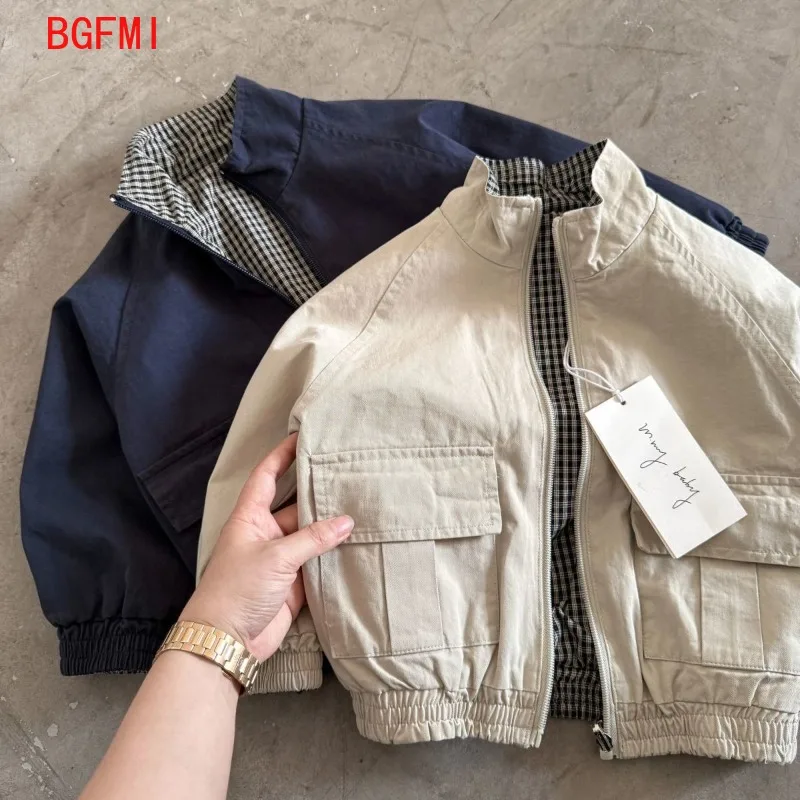 Children's Windproof Zipper Double-sided Jacket for Spring fall 2026 New Boys Girl Jacket kid Wearing Grid Jackets on Both Sides