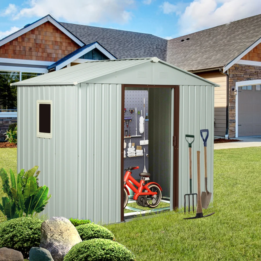 8ft x 4ft Outdoor Metal Storage Shed With window and metal foundation White W54071039 For Garden, Backyard, Patio