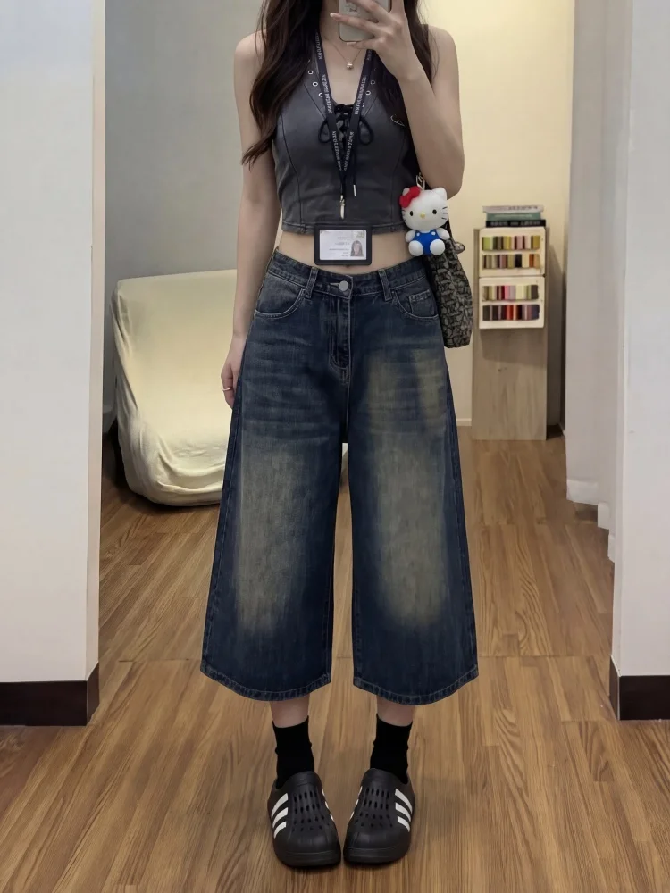

plus Size American Retro Denim Jeans Women's Casual Loose Slimming Washed Straight Leggings Mid-Pants High Waist Wide Leg