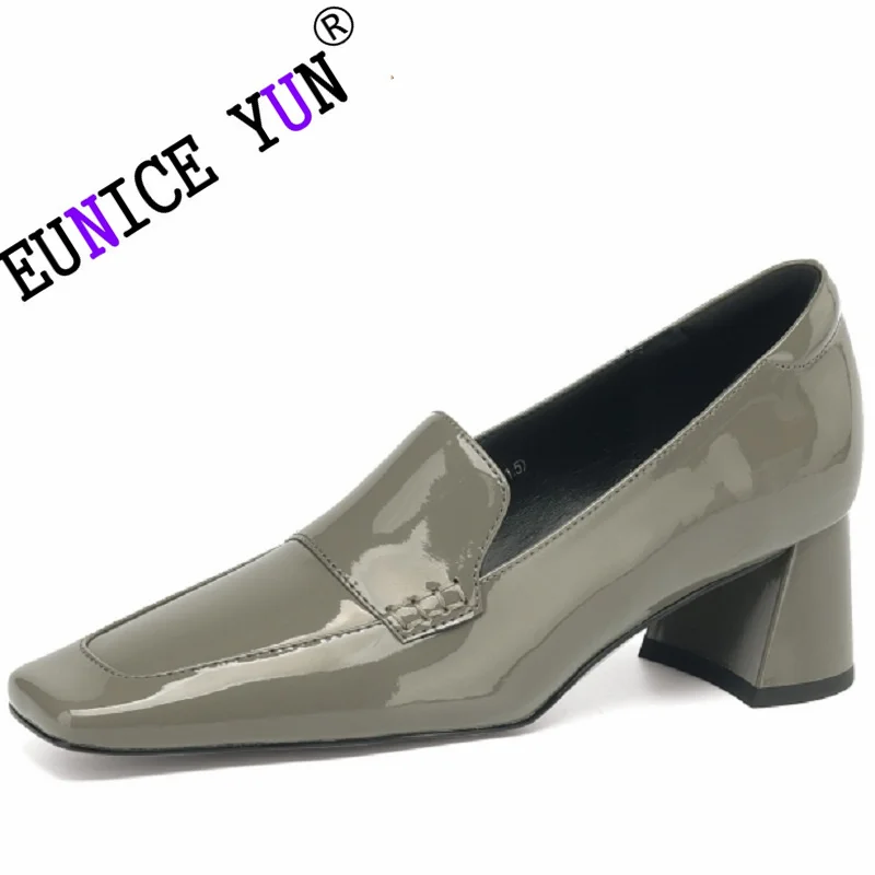 

【EUNICE YUN】Casual Loafers Women Pumps Spring Square Toe Genuine Leather Shoes Elegant Handmade Concise Mid Heels Footwear For