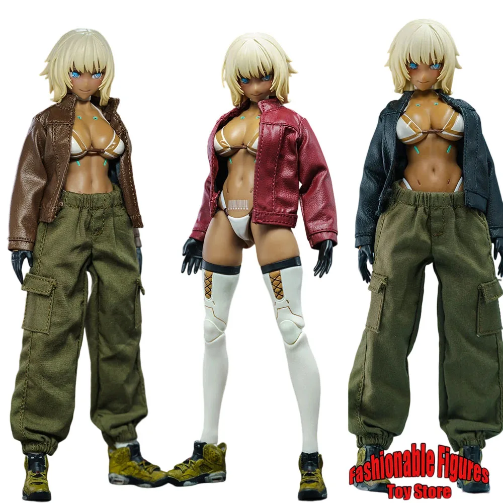 

1/12 Women Soldier Coat Stand Collar Leather Jacket Motorcycle Suit Loose Overall Combat Pants For 6Inch Action Figure Body