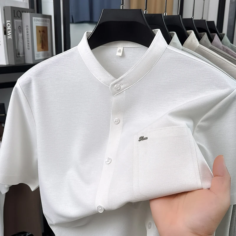 

Luxury brand short sleeve men's shirt unique stand up collar fashion embossed pocket summer new casual solid color T-shirt top