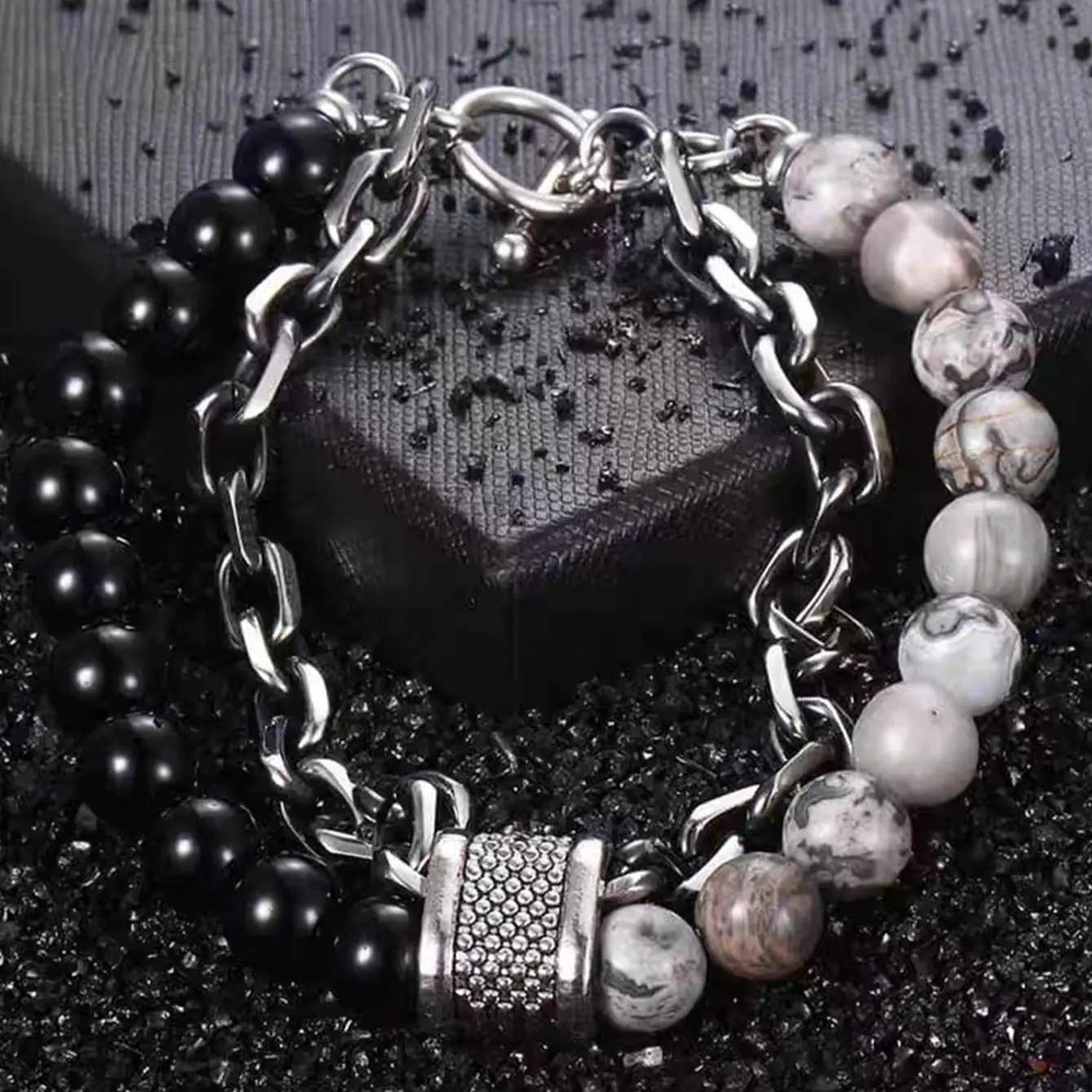 1 Piece Punk Simple Temperament Black Beaded Chain with Natural Stone Beaded Chain Bracelets MEN'S FASHION Items Holiday Travel image 2