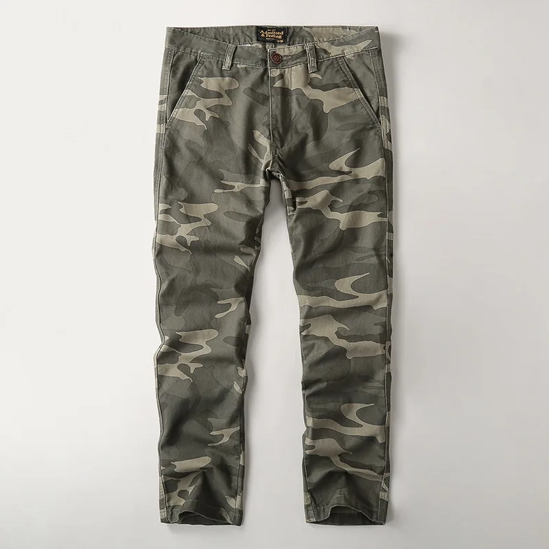 Men's Casual Sports Cotton Pants Straight Leg mid Waist Large Size Pure Cotton Camouflage Washed Long Trousers