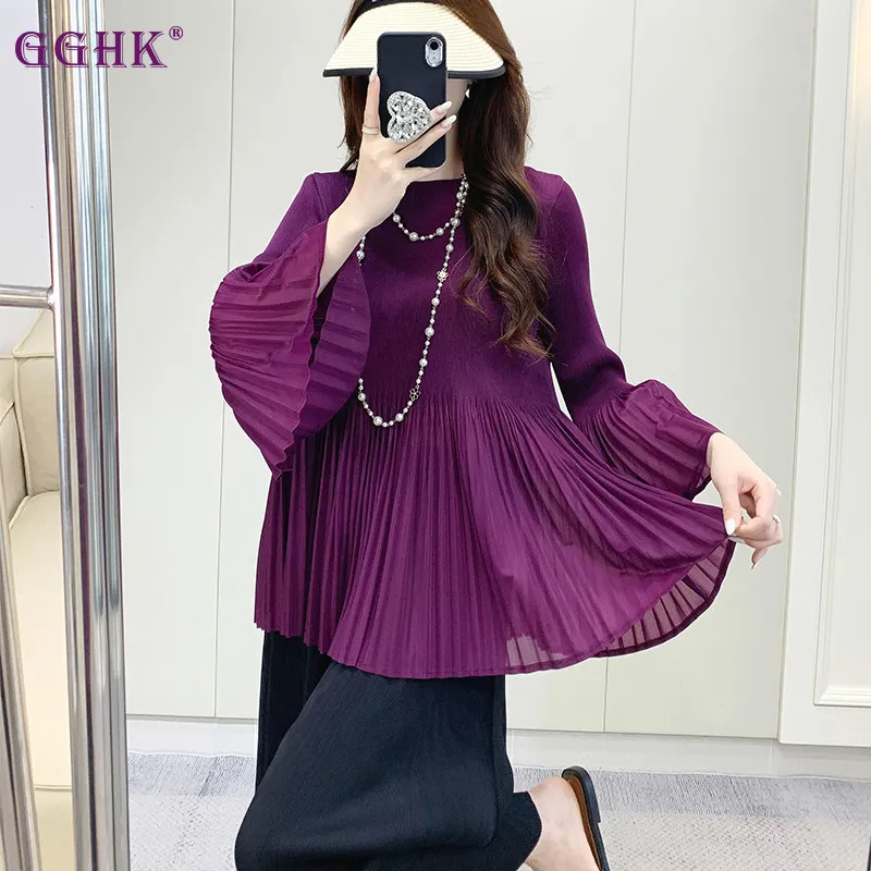 

Pleated Top Women Spring Autumn New Fashion Style Loose Fit Plus Size Solid Color Trumpet Sleeve Design Female T-shirt