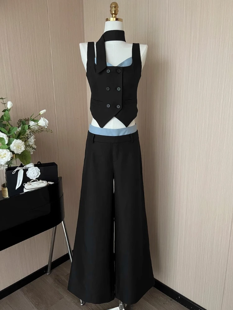 Summer Sexy Spice Girl 3-Piece Set Women 2024 New Bow Backless Contrast Ribbon Vest Top+High Waist Wide Leg Pants Or Skirt Suit