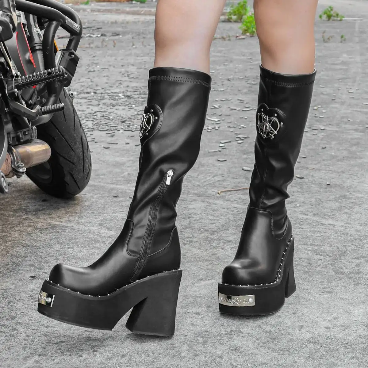 High Heel Stretch Boots Women's Shoes Thick platforms Height Increasing Motorcycle Boots Punk Style Hot Girl Black boot